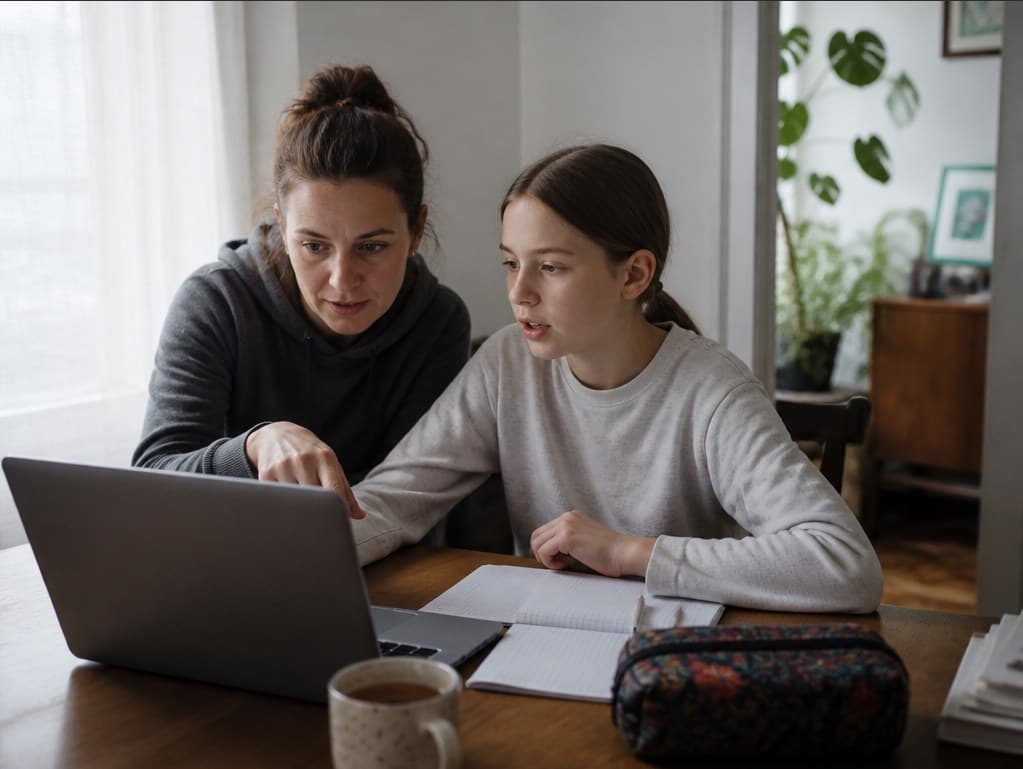 Mama i córka uczą się razem przy laptopie
