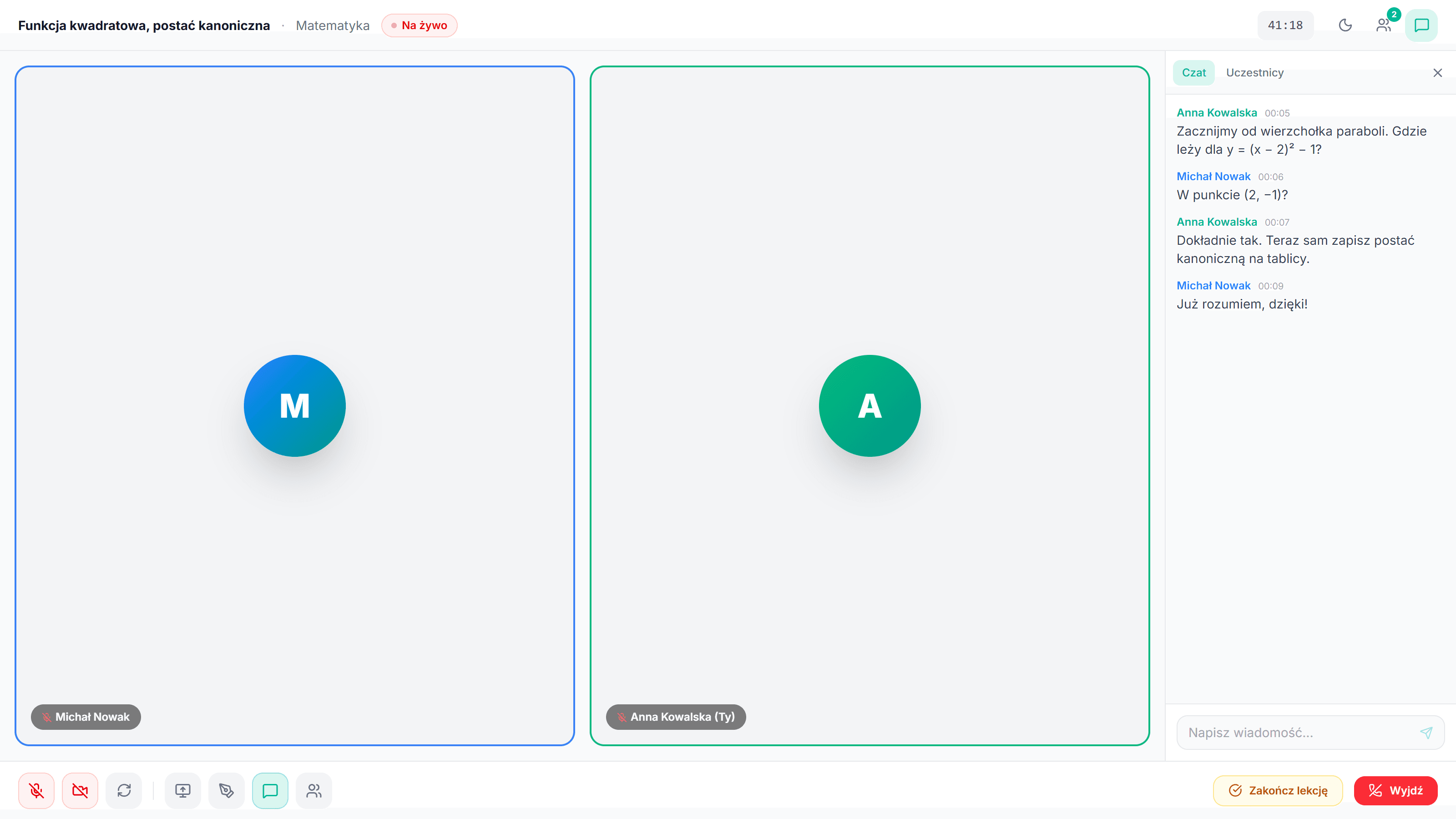 Sprelli lesson room: participant tiles, chat and toolbar, a maths lesson